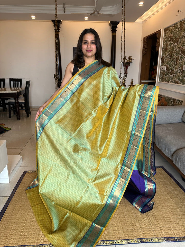 Elaichi Green with Blue Lakshadeepam Silk Cotton Saree