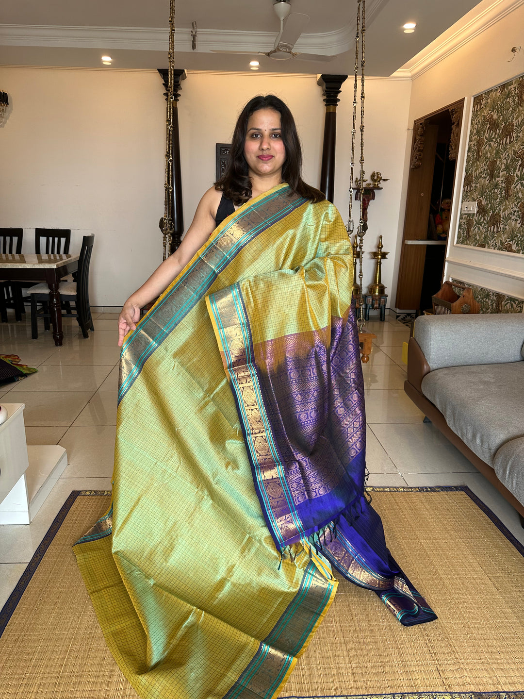 Elaichi Green with Blue Lakshadeepam Silk Cotton Saree