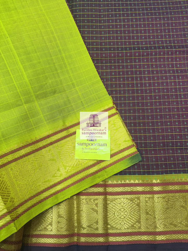 Brown with Lemon Green , Lakshadeepam thread butta in the body , traditional borders and rich Pallu Silk Cotton Saree