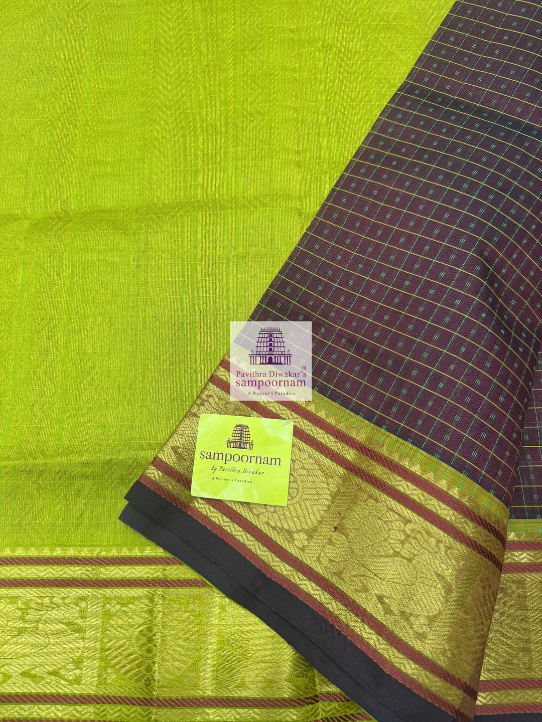 Brown with Lemon Green , Lakshadeepam thread butta in the body , traditional borders and rich Pallu Silk Cotton Saree