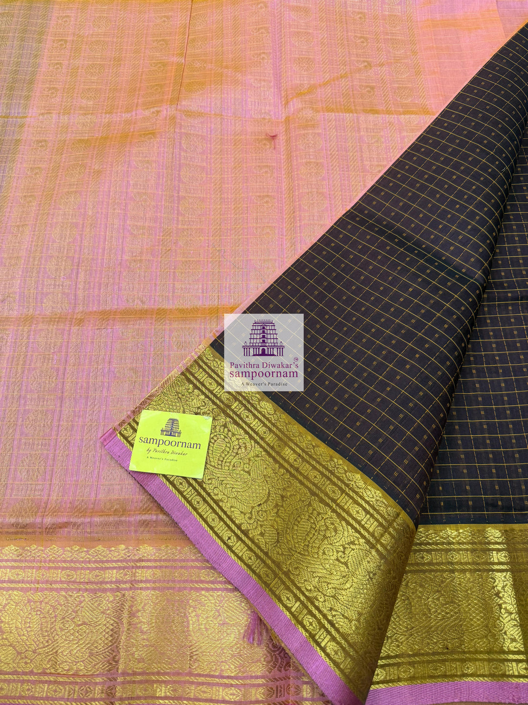 Dark Brown with Baby Pink , Lakshadeepam thread butta in the body , traditional borders and rich Pallu Silk Cotton Saree
