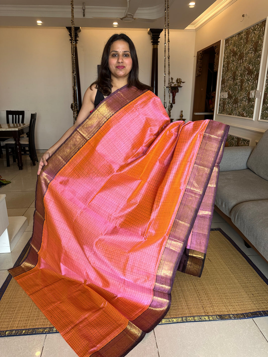 Pink with Brown Lakshadeepam Silk Cotton Saree