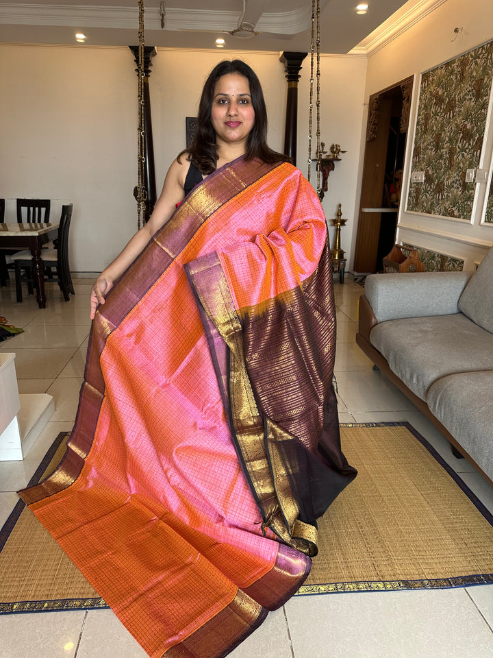 Pink with Brown Lakshadeepam Silk Cotton Saree