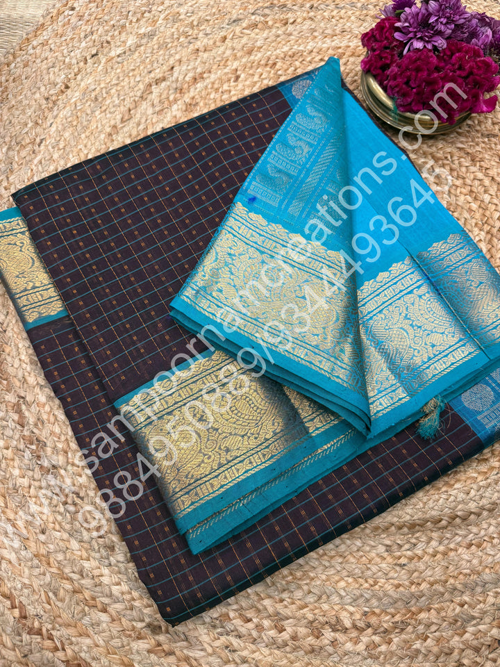 Brown with Turquoise Blue , Rich Traditional Borders and Lakshadeepam Thread  Butta all over the body and Grand Pallu , Pure Silk Cotton Saree