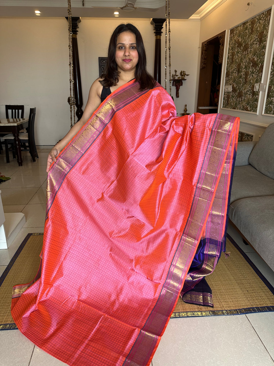 Baby Pink with Dark Blue Lakshadeepam Silk Cotton Saree