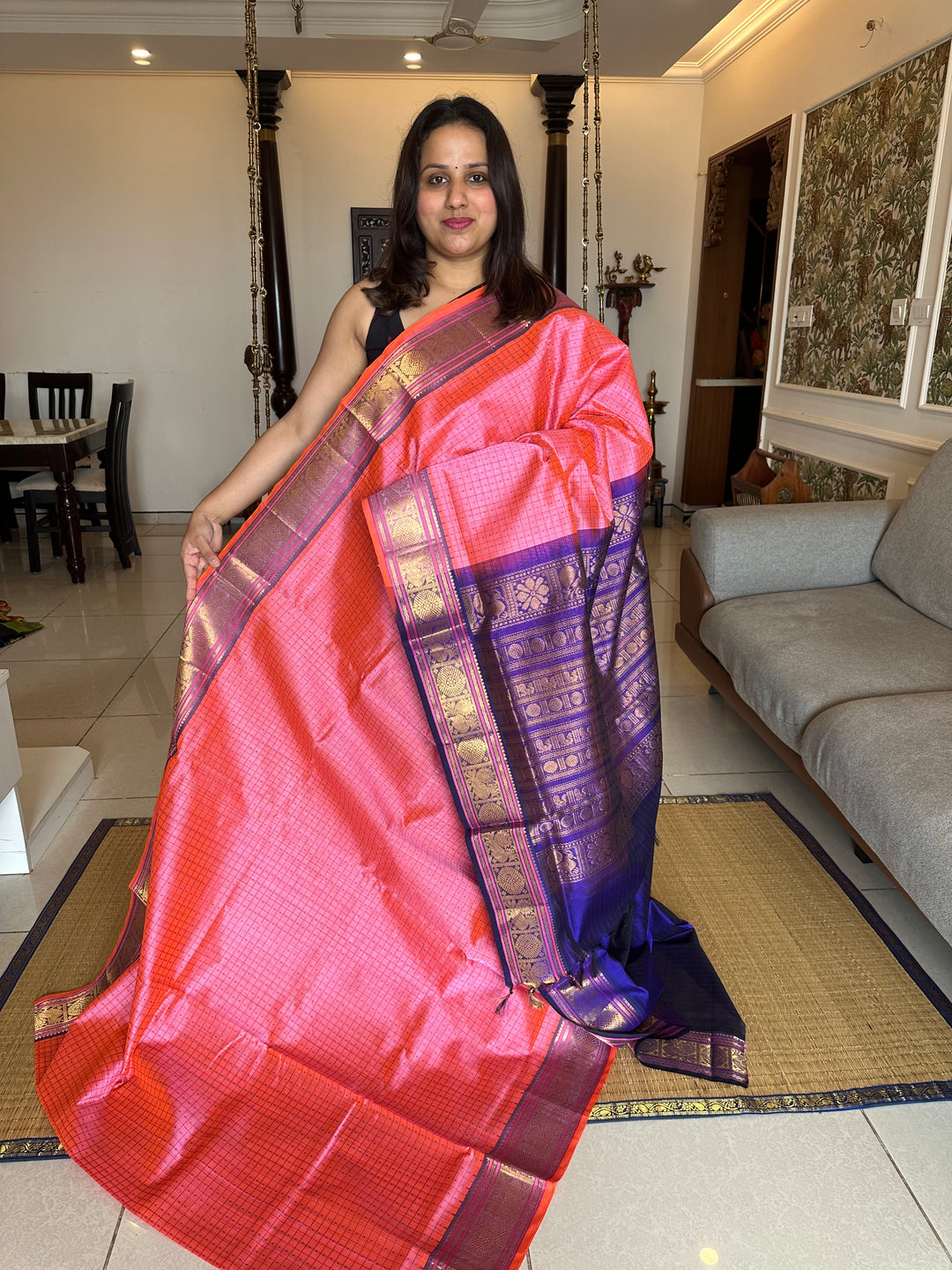 Baby Pink with Dark Blue Lakshadeepam Silk Cotton Saree