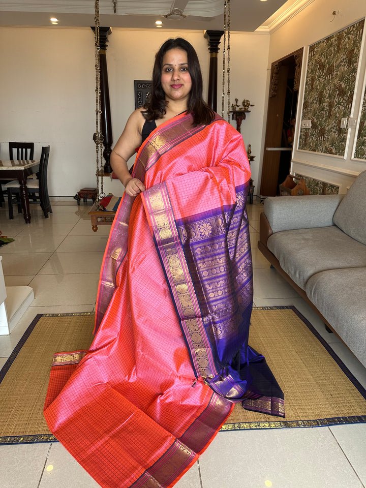 Baby Pink with Dark Blue Lakshadeepam Silk Cotton Saree