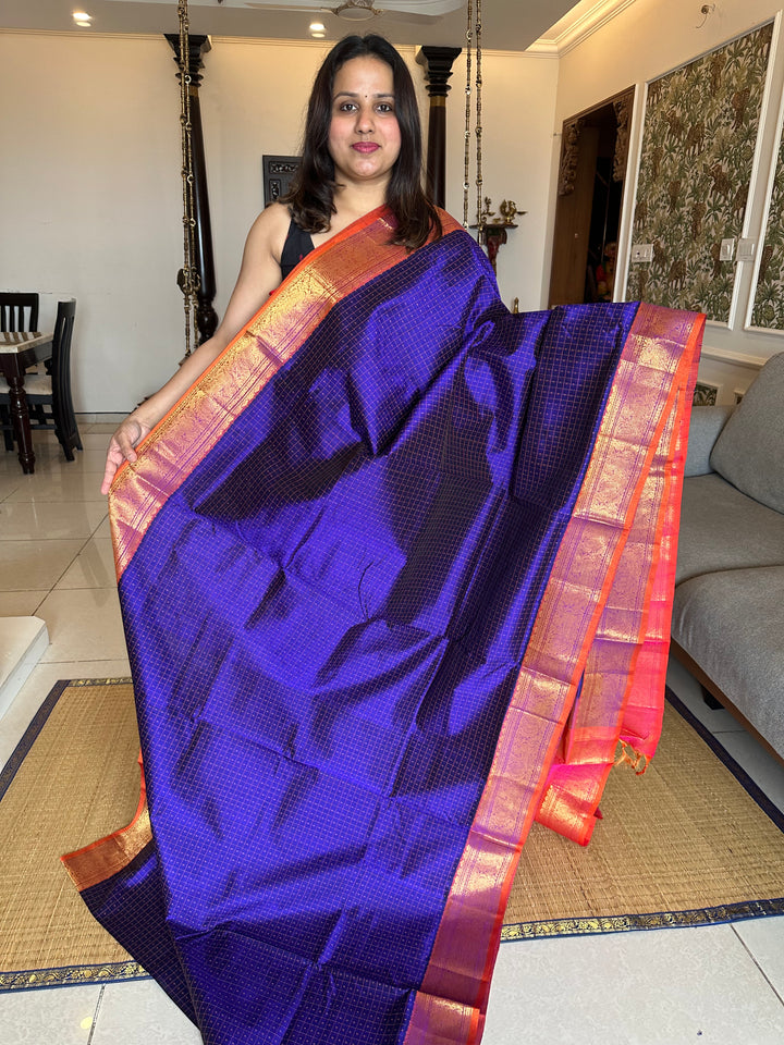 Blue with Orangish Pink Lakshadeepam Silk Cotton Saree