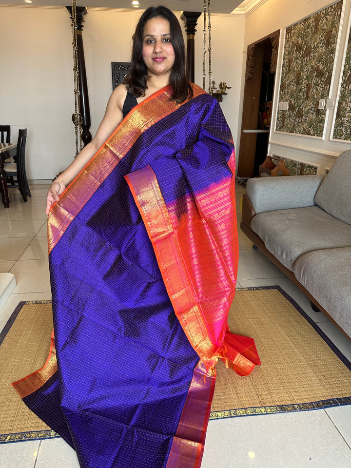 Blue with Orangish Pink Lakshadeepam Silk Cotton Saree