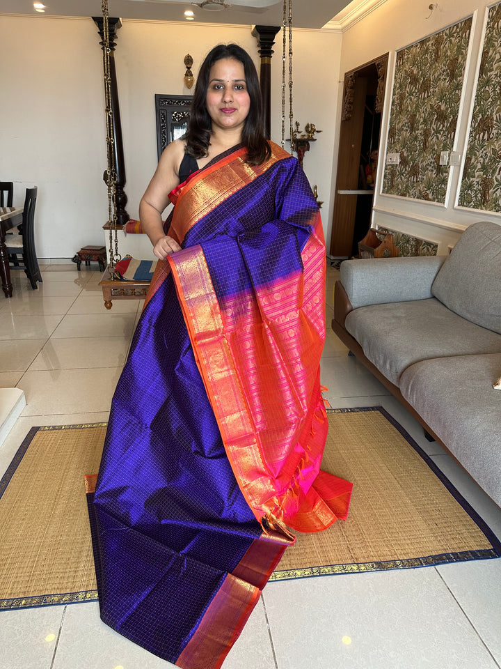 Blue with Orangish Pink Lakshadeepam Silk Cotton Saree