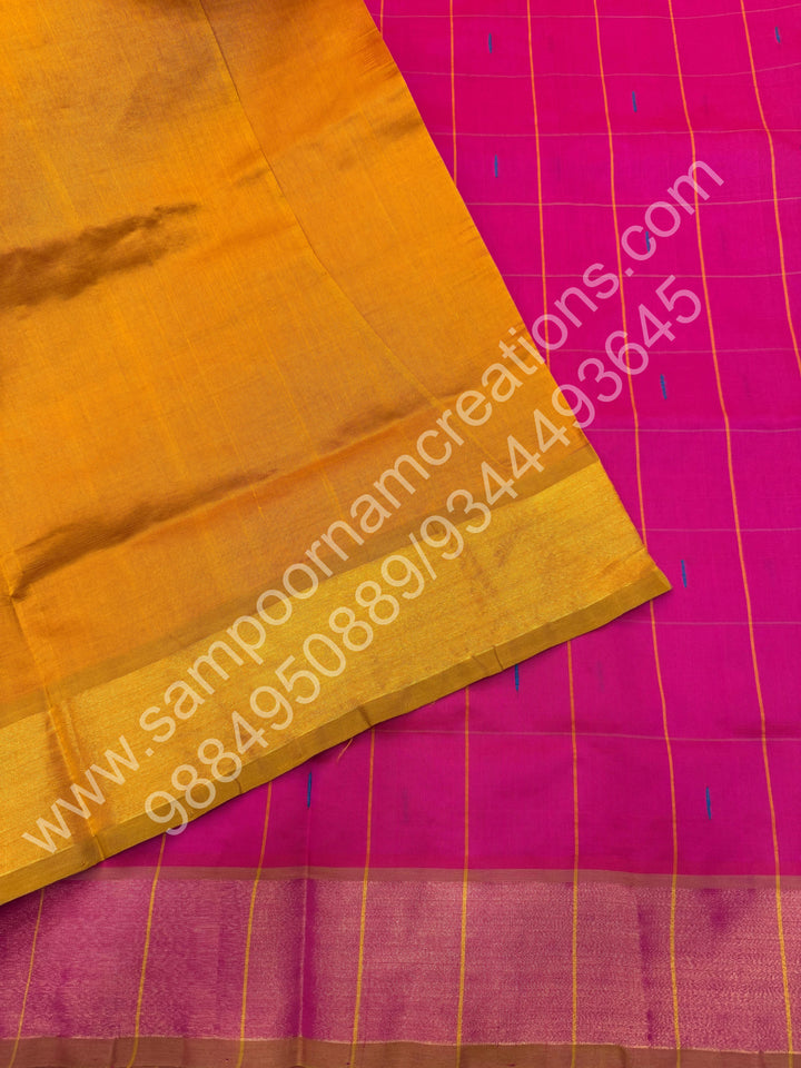 Pink with mustard , checks in the body and rain drop thread butta in the body and Pallu Semi Silk Cotton Saree