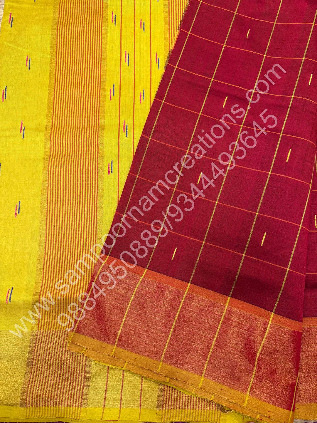 Maroon with Lemon Yellow , checks in the body and rain drop thread butta in the body and Pallu Semi Silk Cotton Saree