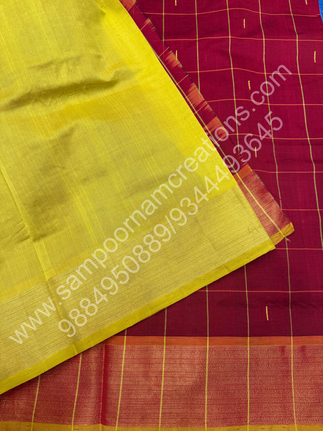 Maroon with Lemon Yellow , checks in the body and rain drop thread butta in the body and Pallu Semi Silk Cotton Saree