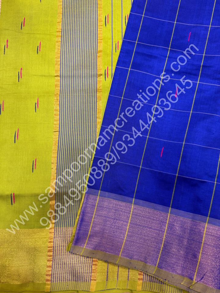 Royal Blue with Green , Checks in the body with  rain drop thread butta in the body and Pallu Semi Silk Cotton Saree