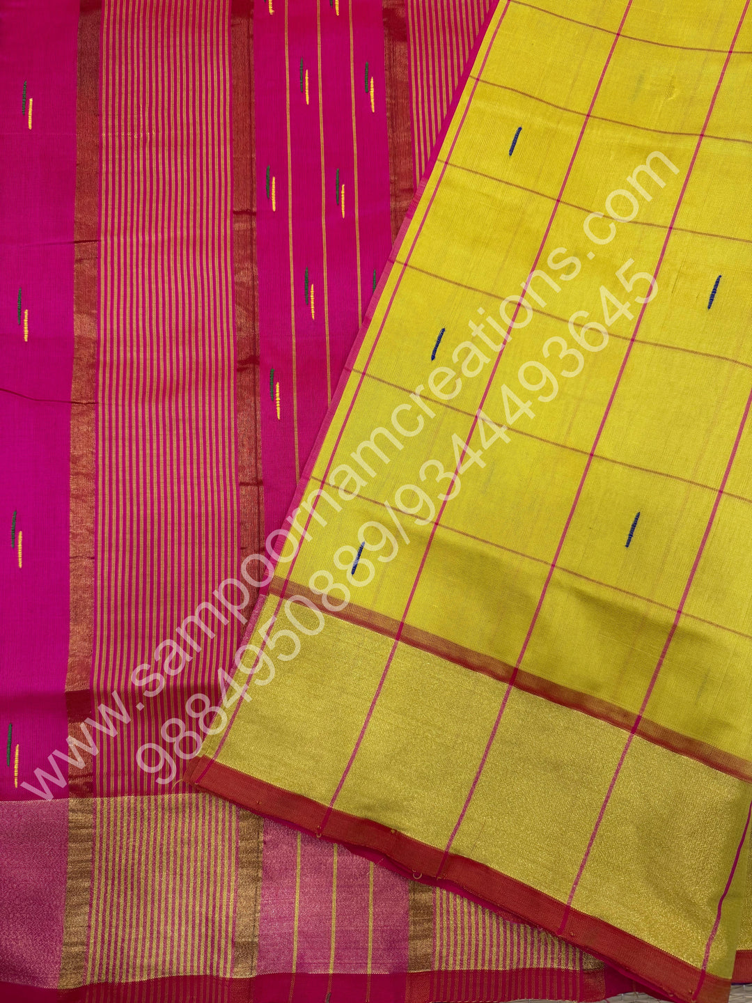 Lemon Yellow with Pink , checks in the body and rain drop thread butta in the body and Pallu Semi Silk Cotton Saree