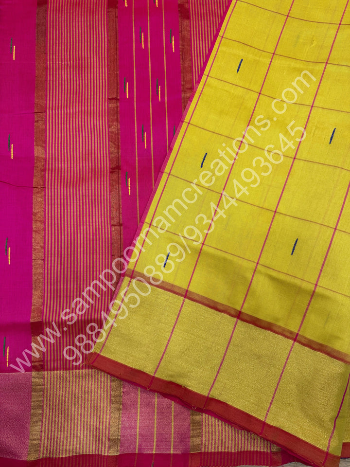 Lemon Yellow with Pink , checks in the body and rain drop thread butta in the body and Pallu Semi Silk Cotton Saree