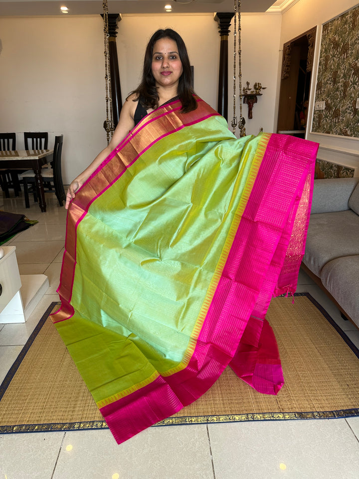 Light Rexona Green with Pink One side Big Lakshadeepam Border Korvai Silk Cotton Saree