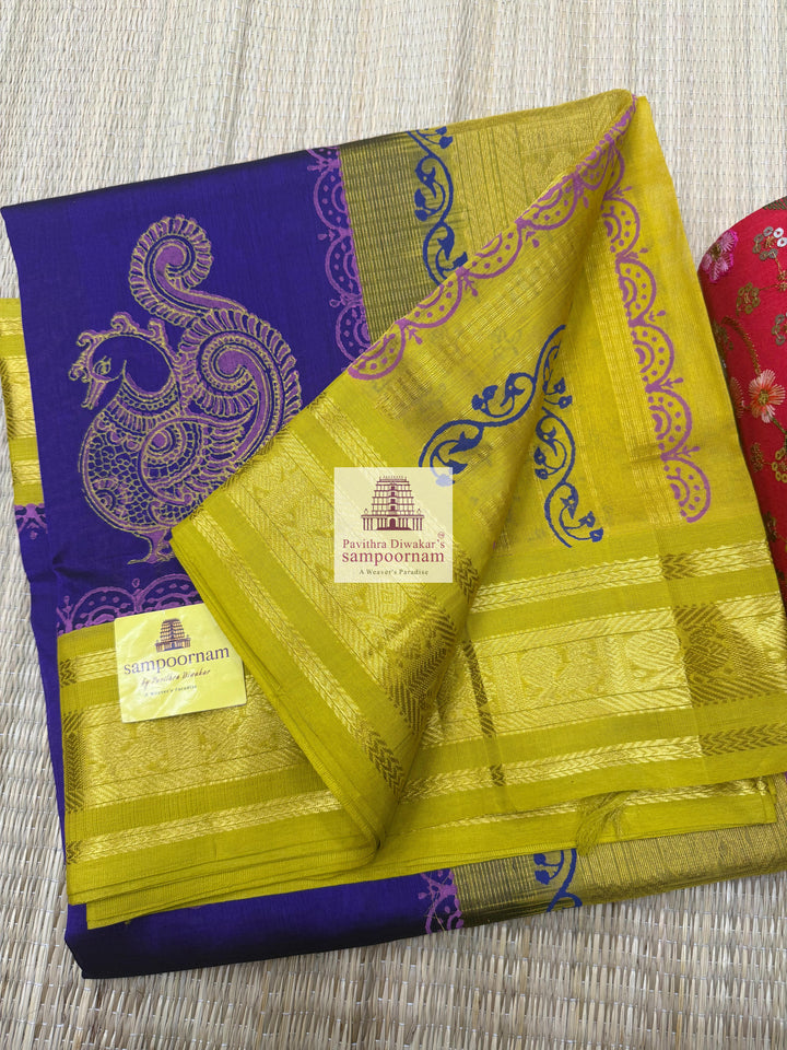 Purple with Lemon Green , Annam Handblock printed Korvai Silk Cotton Saree
