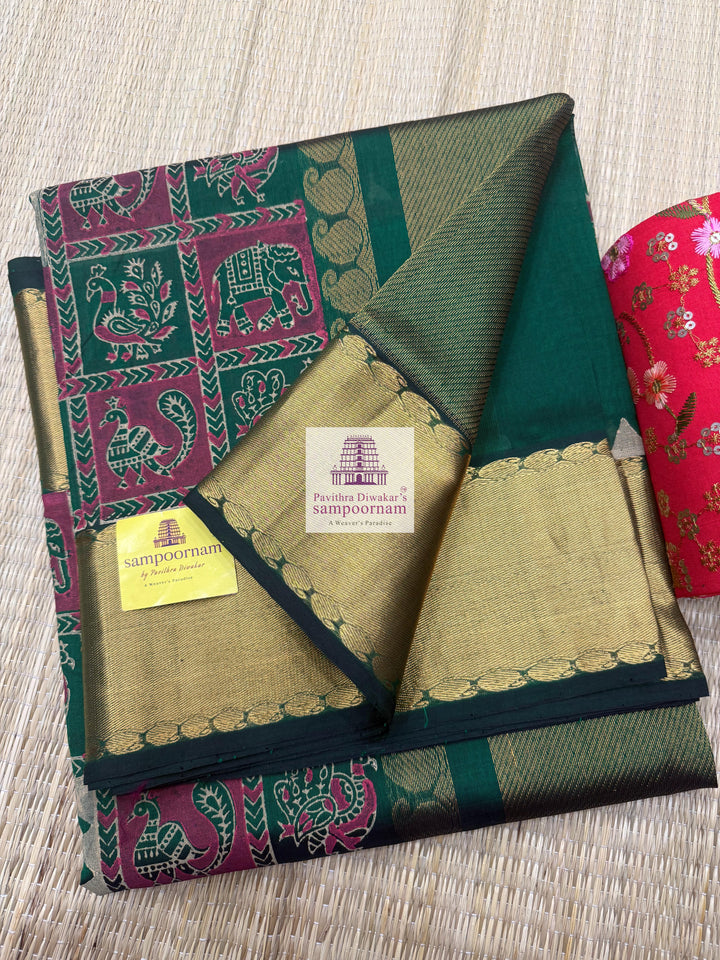 Dark Green , Annam and Elephant Handblock print and Tissue borders , Rich Pallu Handblock printed Silk Cotton Saree