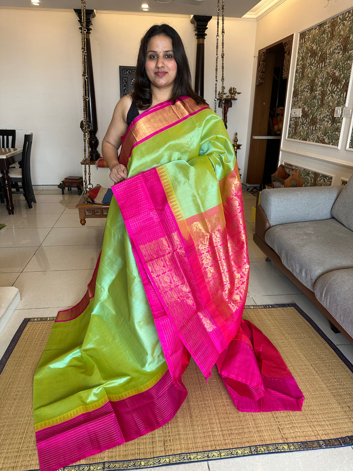 Light Rexona Green with Pink One side Big Lakshadeepam Border Korvai Silk Cotton Saree