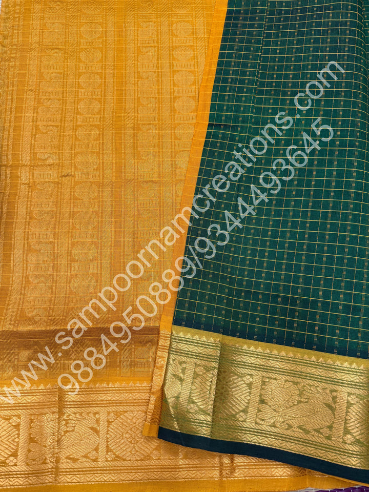 Green with Mustard  , Rich Traditional Borders and Lakshadeepam Thread  Butta all over the body and Grand Pallu , Pure Silk Cotton Saree