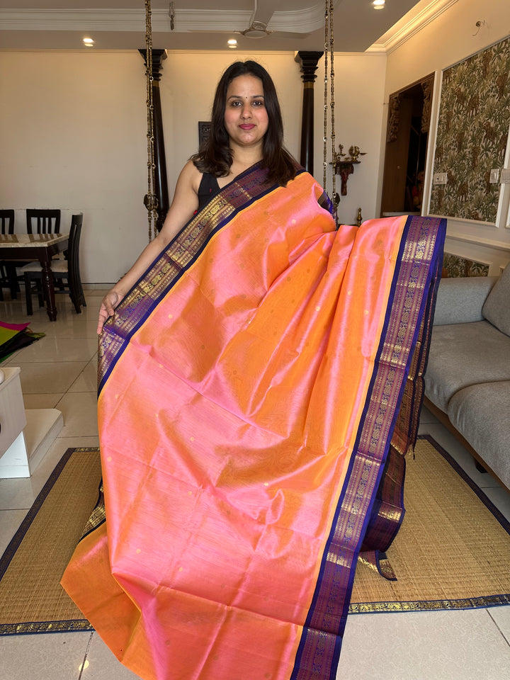 Peachish Pink With Blue Body Zari Butta Rich Pallu Korvai Silk Cotton Saree