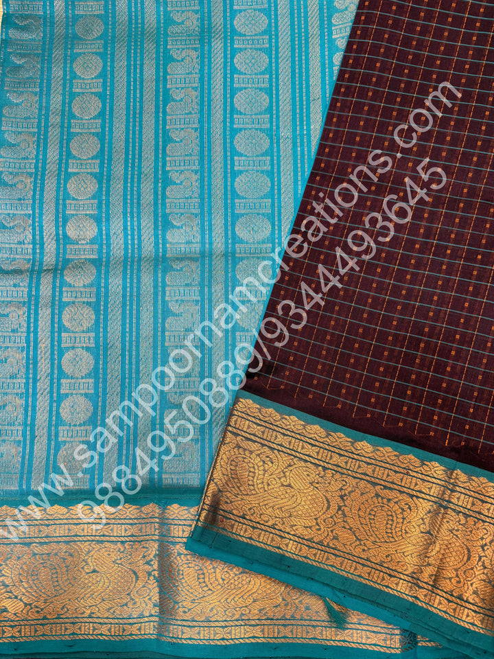 Brown with Turquoise Blue , Rich Traditional Borders and Lakshadeepam Thread  Butta all over the body and Grand Pallu , Pure Silk Cotton Saree