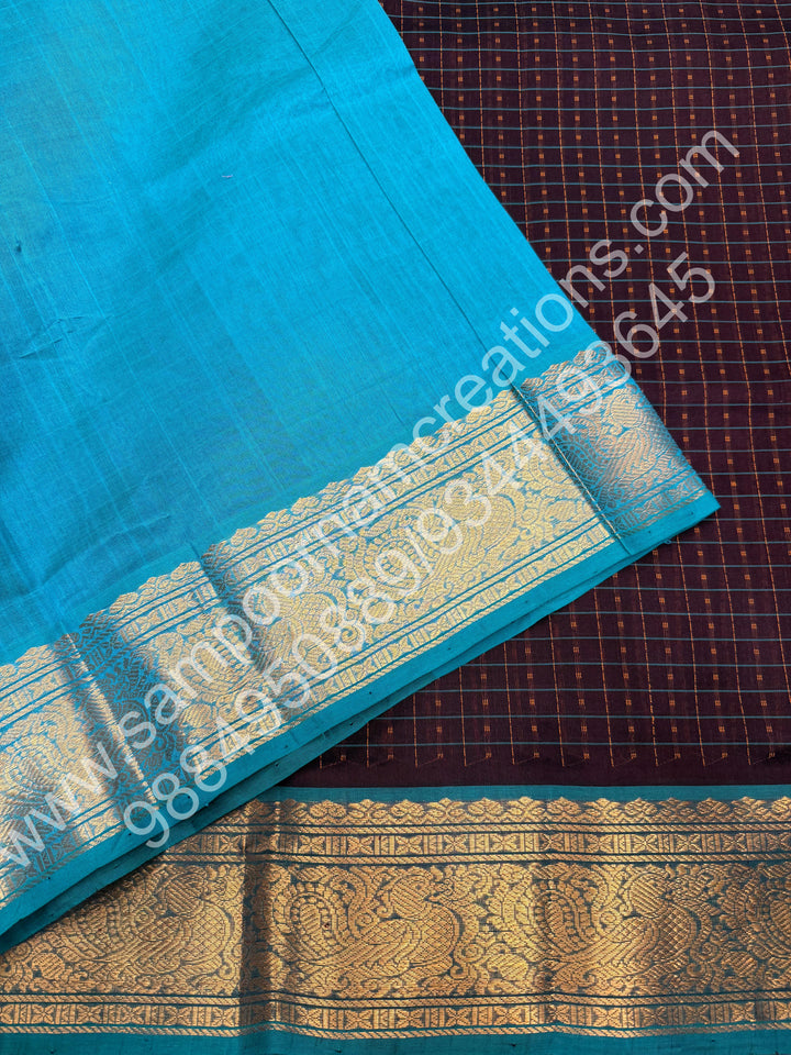 Brown with Turquoise Blue , Rich Traditional Borders and Lakshadeepam Thread  Butta all over the body and Grand Pallu , Pure Silk Cotton Saree