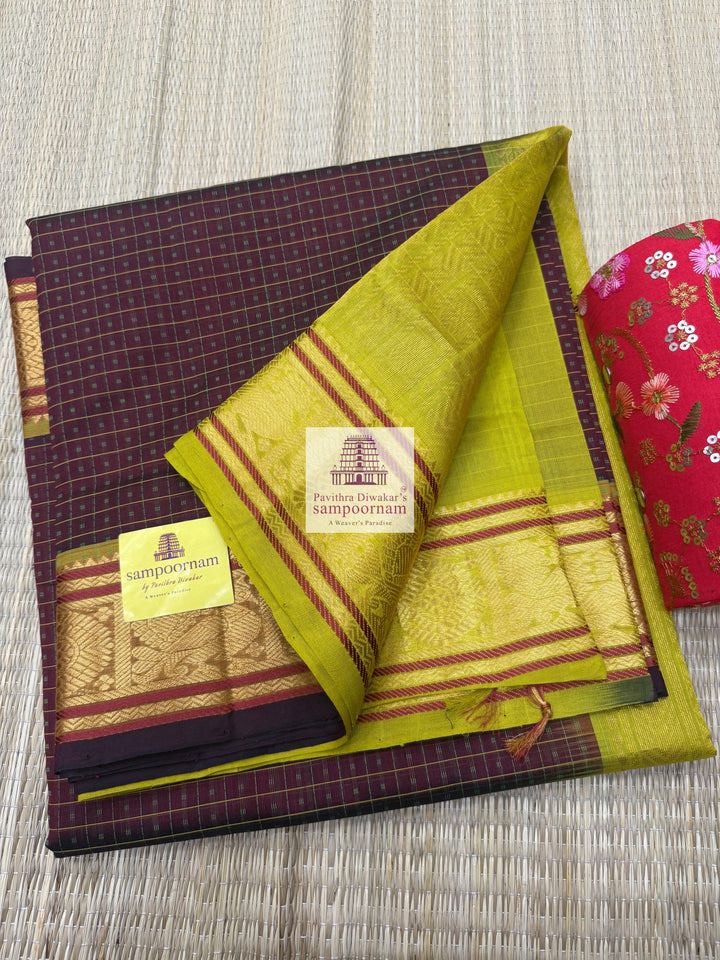 Brown with Lemon Green , Lakshadeepam thread butta in the body , traditional borders and rich Pallu Silk Cotton Saree