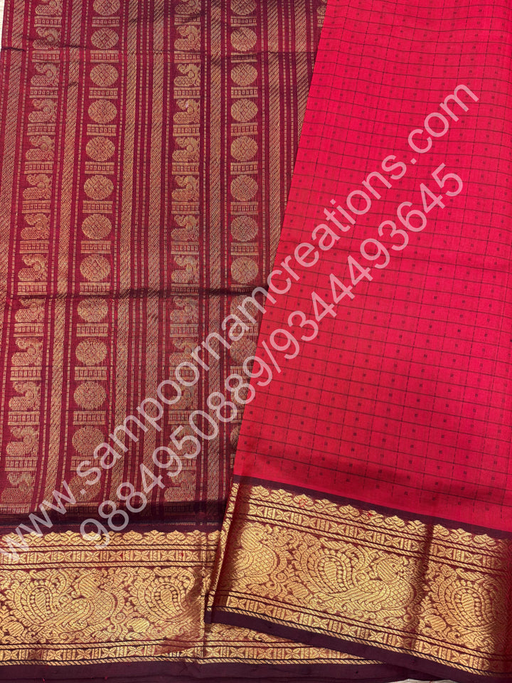 Red with Dark Maroon  , Rich Traditional Borders and Lakshadeepam Thread  Butta all over the body and Grand Pallu , Pure Silk Cotton Saree