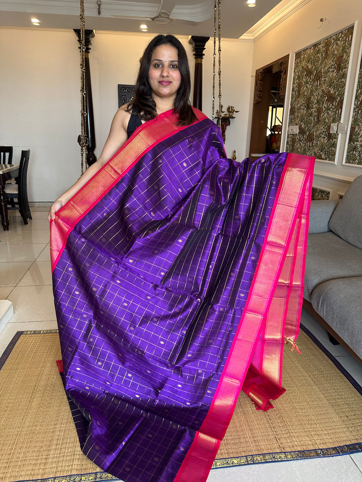 Purple with Pink Body Zari Kattam Butta, Rich Pallu Korvai Silk Cotton Saree