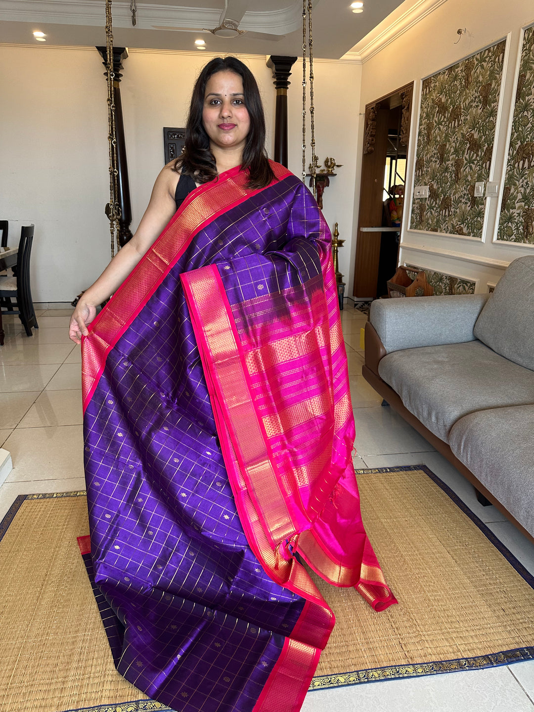 Purple with Pink Body Zari Kattam Butta, Rich Pallu Korvai Silk Cotton Saree