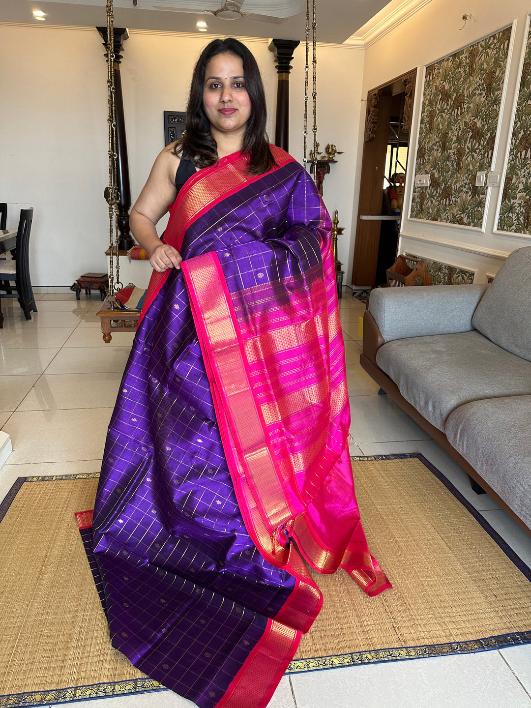 Purple with Pink Body Zari Kattam Butta, Rich Pallu Korvai Silk Cotton Saree