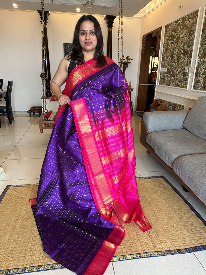 Purple with Pink Body Zari Kattam Butta, Rich Pallu Korvai Silk Cotton Saree