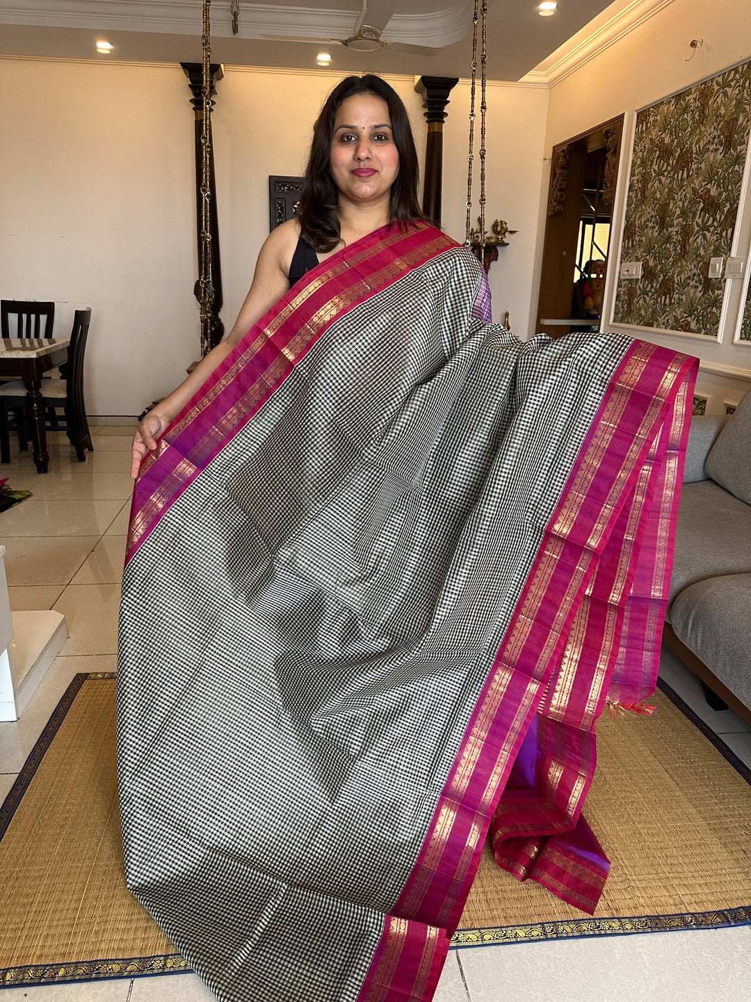 Offwhite Black & White Podi Kattam - Magenta Rettapet Border Rich pallu Korvai Silk Cotton Saree