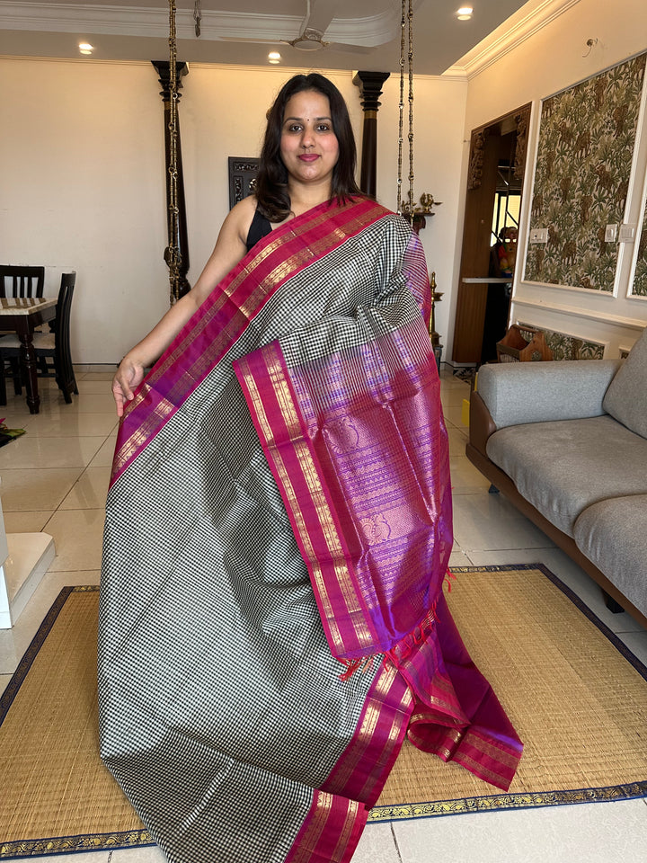 Offwhite Black & White Podi Kattam - Magenta Rettapet Border Rich pallu Korvai Silk Cotton Saree