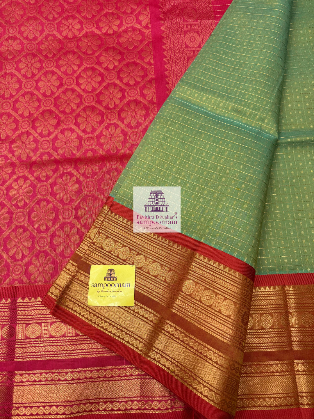 Sea Green with Rani , Zari  Lakshadeepam  Silk Cotton Sarees