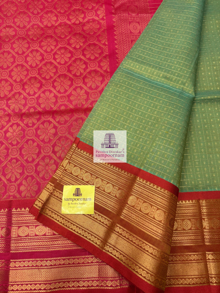 Sea Green with Rani , Zari  Lakshadeepam  Silk Cotton Sarees