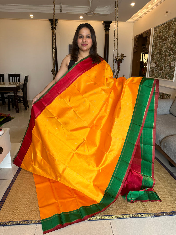 Mambazha Manjal with Ganga Jamuna Red and Green Border , Double Kanchi RIch Pallu Korvai Pure Kanjivaram Silk Saree