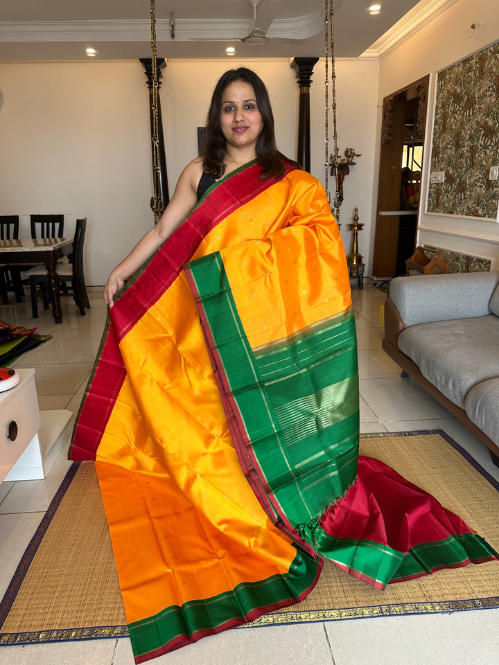 Mambazha Manjal with Ganga Jamuna Red and Green Border , Double Kanchi RIch Pallu Korvai Pure Kanjivaram Silk Saree