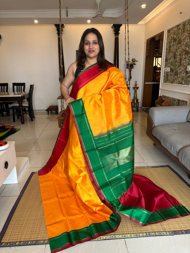 Mambazha Manjal with Ganga Jamuna Red and Green Border , Double Kanchi RIch Pallu Korvai Pure Kanjivaram Silk Saree