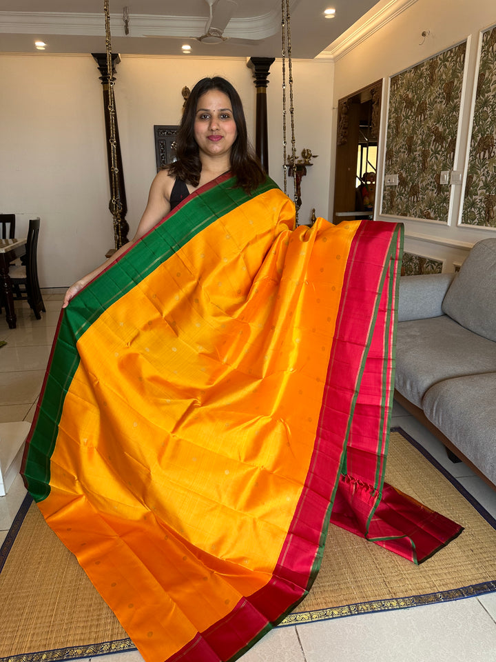 Mambazha Manjal with Ganga Jamuna Red and Green Border , Double Kanchi RIch Pallu Korvai Pure Kanjivaram Silk Saree