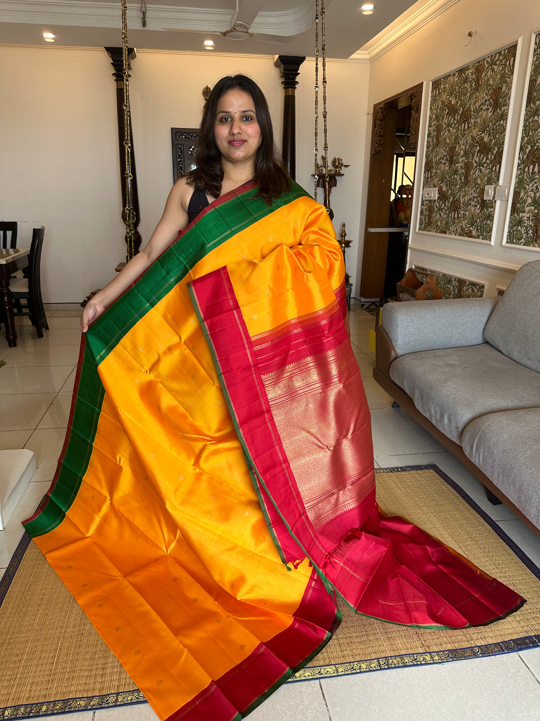 Mambazha Manjal with Ganga Jamuna Red and Green Border , Double Kanchi RIch Pallu Korvai Pure Kanjivaram Silk Saree