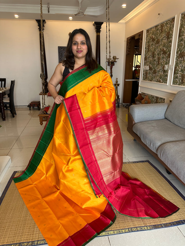 Mambazha Manjal with Ganga Jamuna Red and Green Border , Double Kanchi RIch Pallu Korvai Pure Kanjivaram Silk Saree