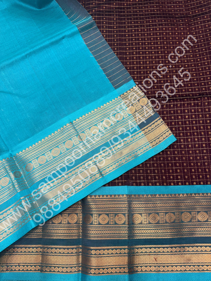 Coffee Brown with Turquoise Blue , Rich Traditional Borders and Lakshadeepam Zari Butta all over the body and Grand Pallu , Pure Silk Cotton Saree