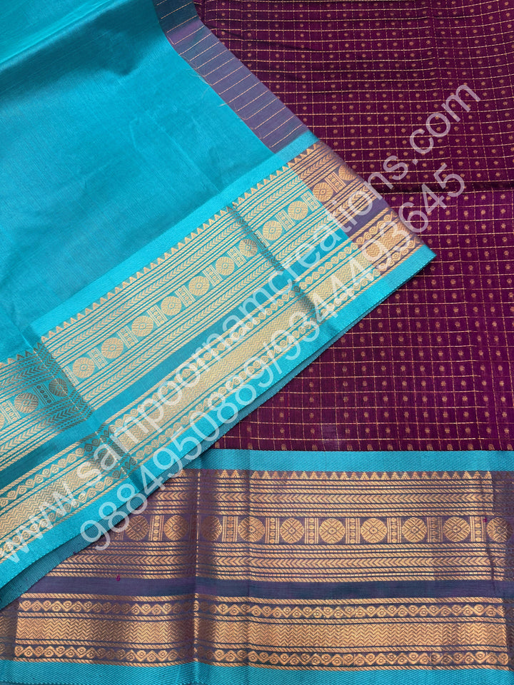 Vadamalli with Turquoise Blue , Rich Traditional Borders and Lakshadeepam Zari Butta all over the body and Grand Pallu , Pure Silk Cotton Saree