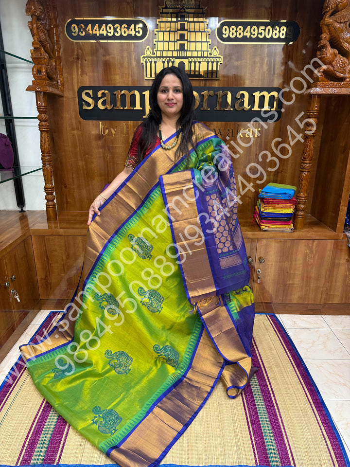 Sneha Green with Blue, Annam Handblock Print in the Body and , Block print in the blouse and rich Pallu, Korvai Silk Cotton Saree