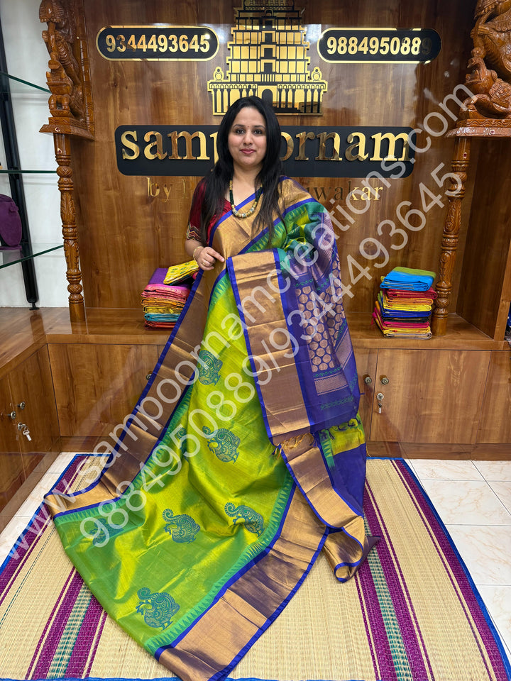 Sneha Green with Blue, Annam Handblock Print in the Body and , Block print in the blouse and rich Pallu, Korvai Silk Cotton Saree