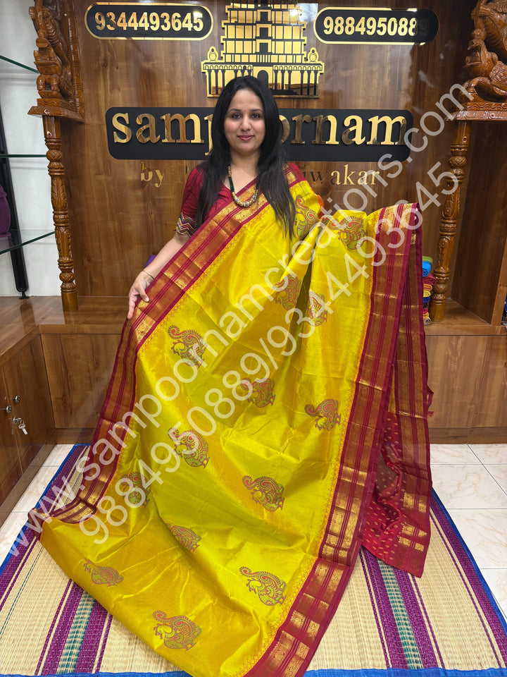 Manthulir Green with Red,Annam Handblock Print in the Body and , Block print in the blouse and rich Pallu, Korvai Silk Cotton Saree