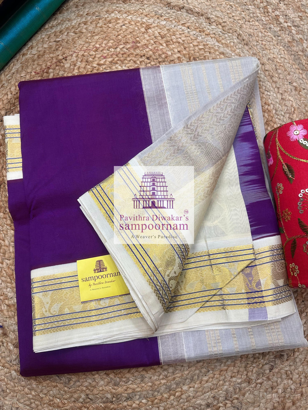 Purple with Halfwhite , traditonal borders and Grand Pallu Korvai Silk Cotton Saree